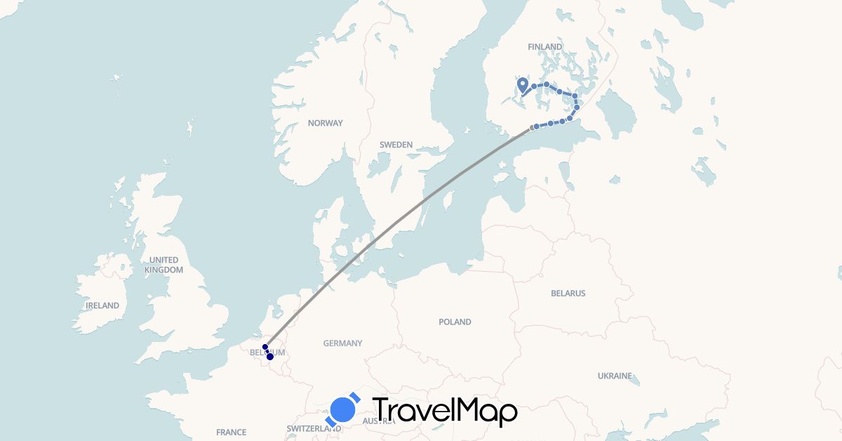 TravelMap itinerary: driving, plane, cycling in Belgium, Finland (Europe)